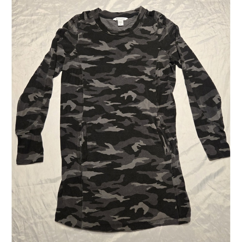 Athleta Balance Dress‎ Long Sleeve Black Luxe Camo Print Pocket Womens Medium